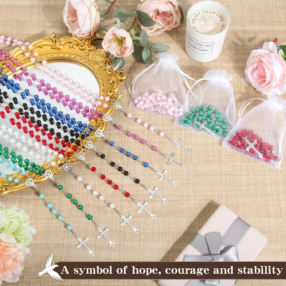 32-Piece Pearl Rosary Beads Bulk Set for Women with Organza Bags, 8mm, White, Re - Picture 4 of 7